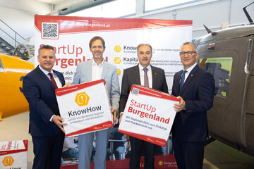 Thomas Schober, Direktor HTBLA Eisenstadt, DI Michael Sedlak, Abteilungsleiter Startup Burgenland, Wirtschaftslandesrat Dr. Leonhard Schneemann und Dr. Georg Schönbauer, Geschäftsführung der Wirtschaftsagentur Burgenland