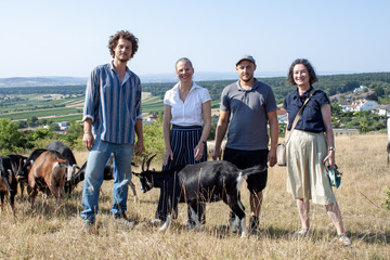 Landeshauptmann-Stellvertreterin Anja Haider-Wallner besuchte den Biohof Erharth in Donnerskirchen. Auf dem Foto von links: Matthias Erharth, Landeshauptmann-Stellvertreterin Anja-Haider Wallner, Simon Erharth und Marelli Asamer-Handler.