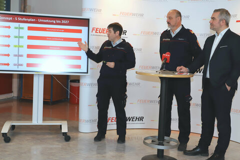 Landesfeuerwehrkommandant-Stellvertreter LBDS Harald Nakovich, Feuerwehrreferent Landesrat Mag. Heinrich Dorner und Landesfeuerwehrkommandant LBD Ing. Franz Kropf erläuterten alle fünf Phasen des Katastrophenschutz-Konzeptes im Detail.